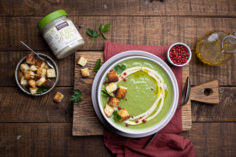 Recette image Vellutata di broccoli e porri con Acajou 100% e crostoni al rosmarino
