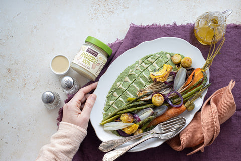 Recette image Verdure al forno su crema di broccoli e Amandino
