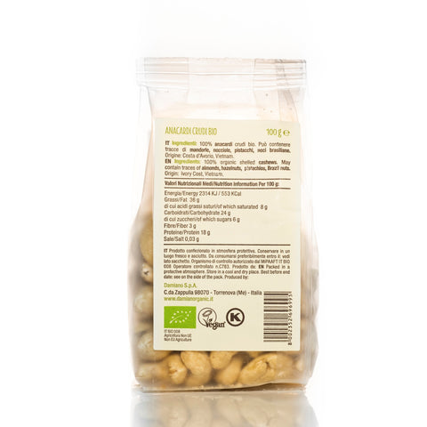 Sacchetto di anacardi pelati etichetta retro