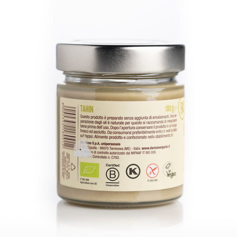 Etichetta retro: prodotto preparato senza emulsionanti. Dopo l'apertura conservare il prodotto in un luogo fresco e asciutto. Mescolare bene prima dell'uso. Prodotto da Damiano Spa - Contrada Zappulla (ME). Certificazioni: EU Bio, BCorp, Gluten free, Kosher, vegan.